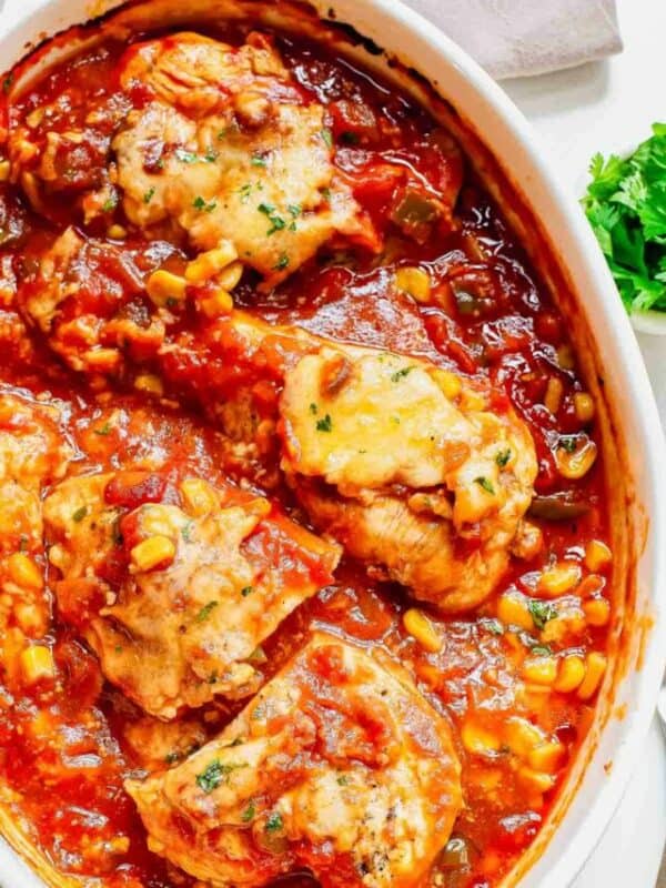 Chicken and rice casserole in a white dish.