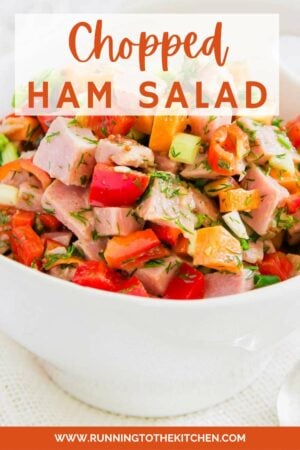 Chopped ham salad served in a white bowl.