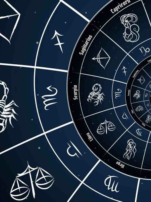 Zodiac signs in a circle with a blue background.