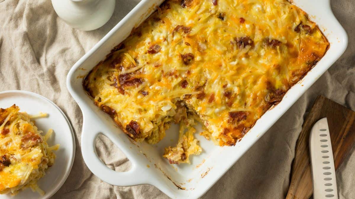 A casserole in a white dish.