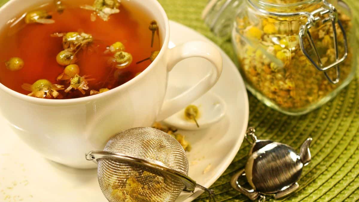 A cup of herbal tea with chamomile flowers, alongside an open tea infuser and a jar of loose leaf tea.