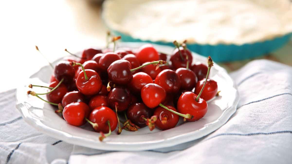 A plate of fresh cherries with a pie in the background.