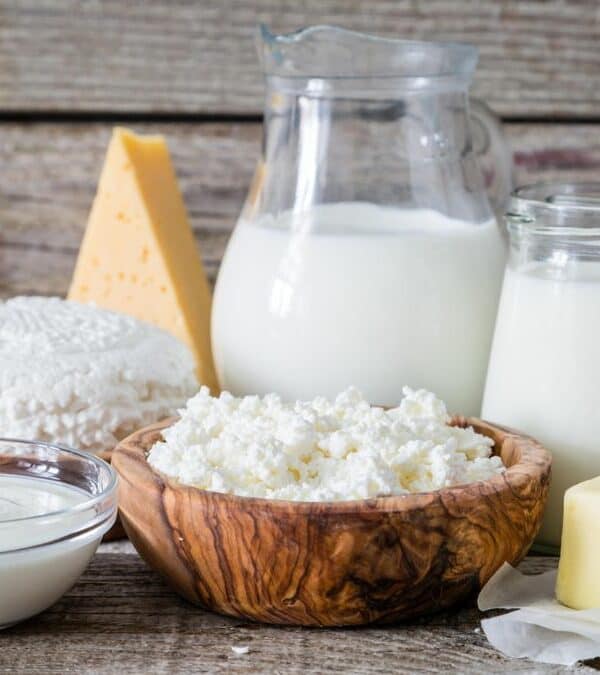 Assorted dairy products including cheese, milk, butter, cottage cheese, and sour cream displayed on a wooden surface.