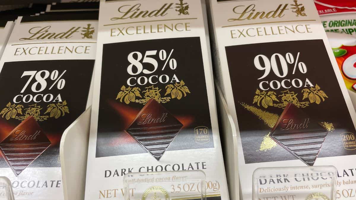 Lindt chocolate bars on display in a store.
