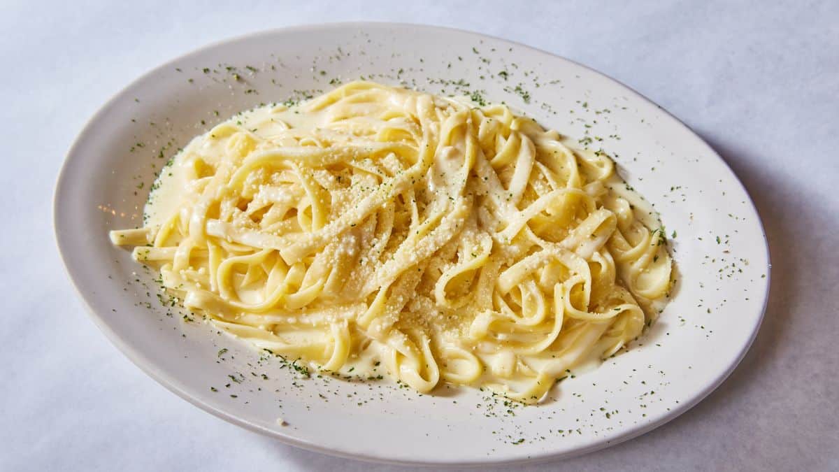 A plate of fettuccine alfredo sprinkled with parmesan cheese and herbs.