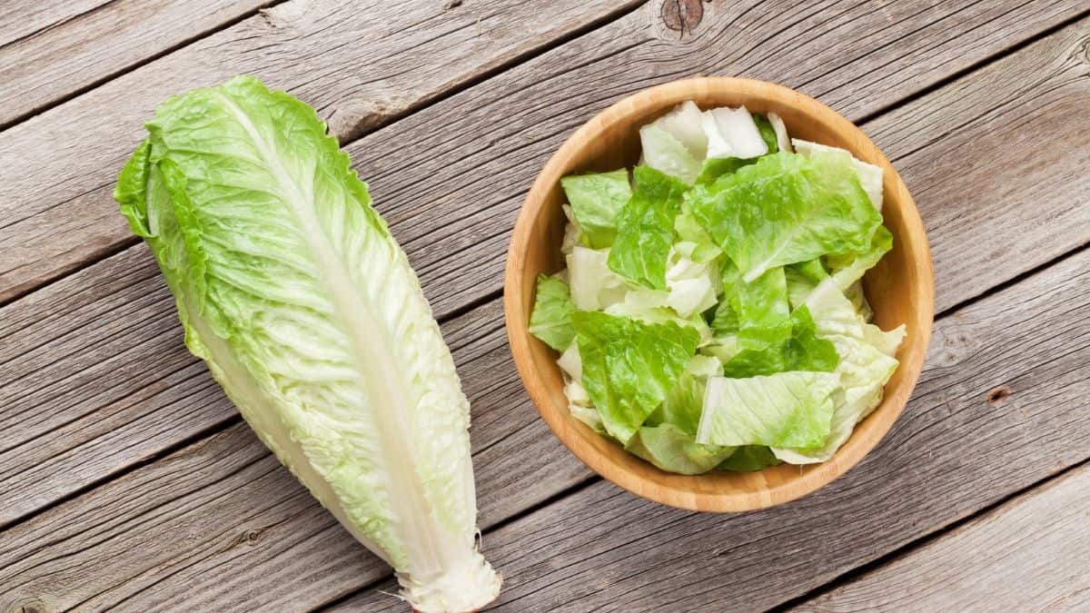 Lettuce in a wooden bowl on a wooden table.