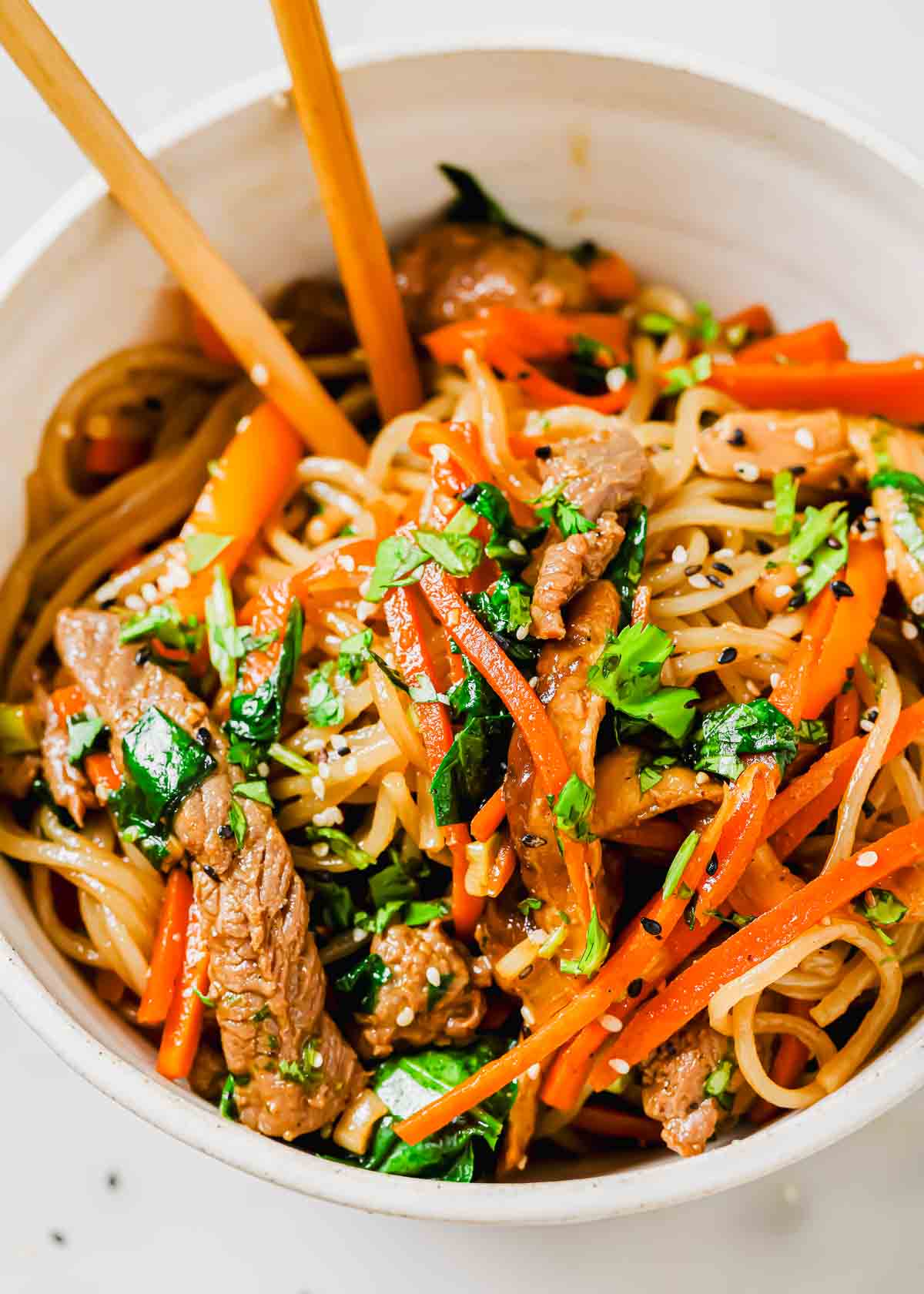 A bowl of sweet potato glass noodles with beef and vegetables.