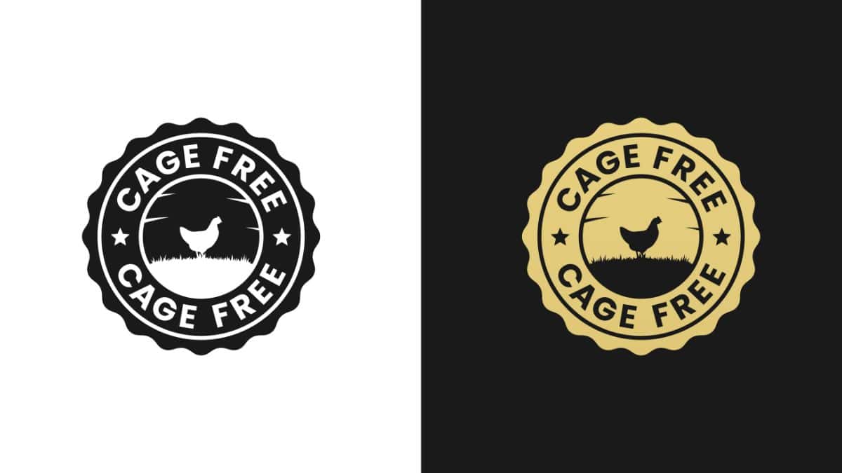 Two "cage free" certification seals in black and white variations.