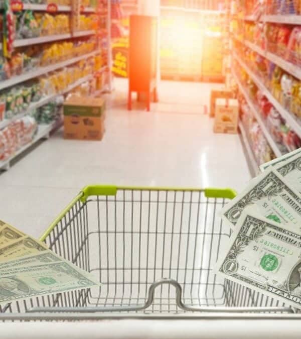 Hand holding cash with an empty shopping cart in a supermarket aisle.