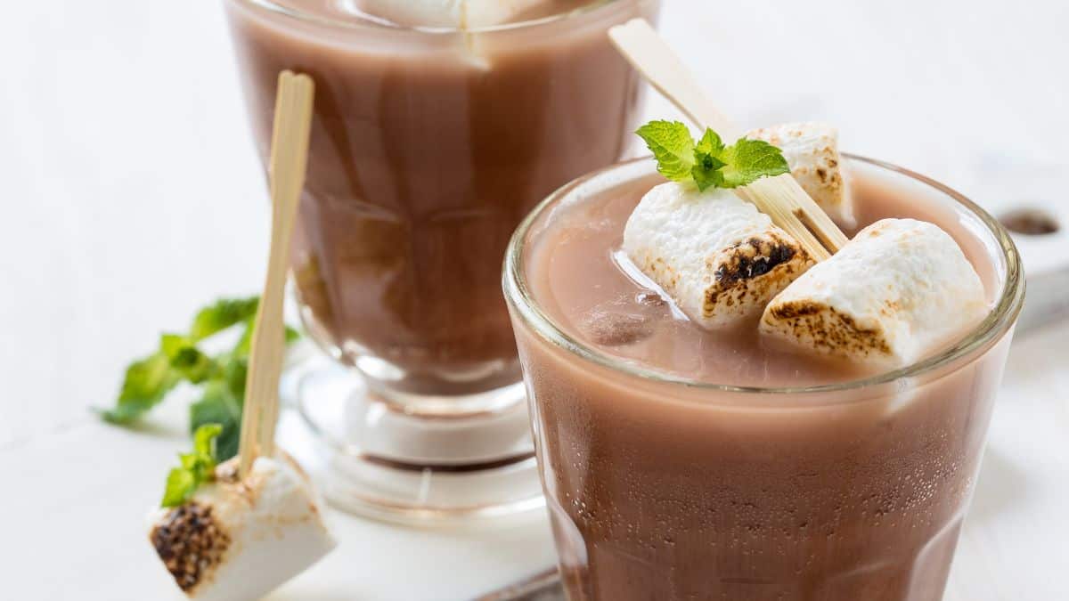 Two glasses of chocolate milk garnished with roasted marshmallows and mint.