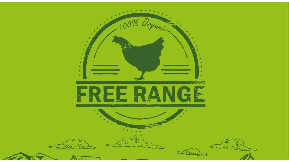 Label for free-range, 100% organic chicken products with a silhouette of a chicken.