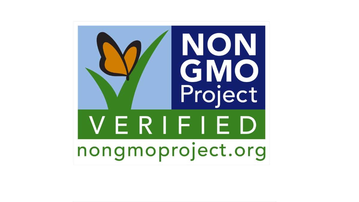 Logo of the non-gmo project featuring a butterfly perched on a blade of grass with the text "non gmo project verified nongmoproject.org".