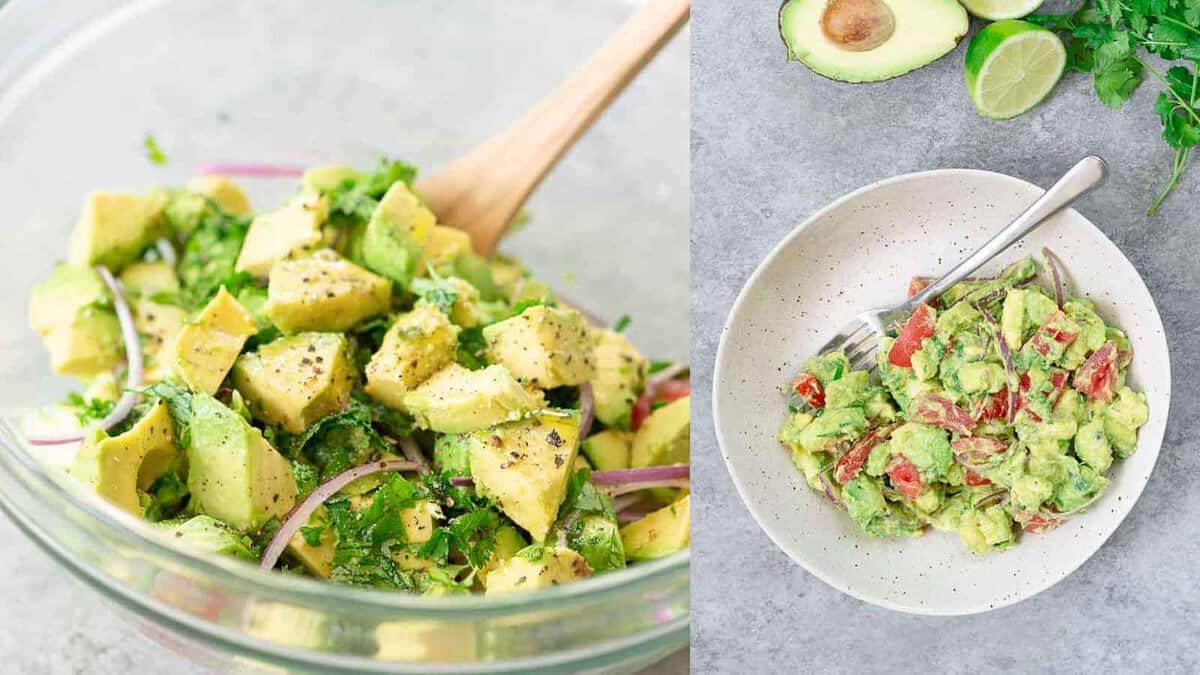 A glass bowl containing avocado salad with a wooden spoon on the left, and a ceramic plate with guacamole on the right.