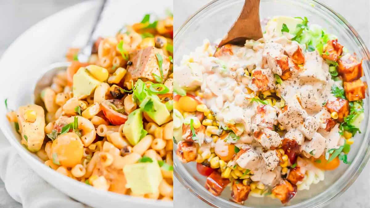 Two bowls of pasta salad, one with a light dressing and fresh vegetables, and the other with a creamy sauce and corn.