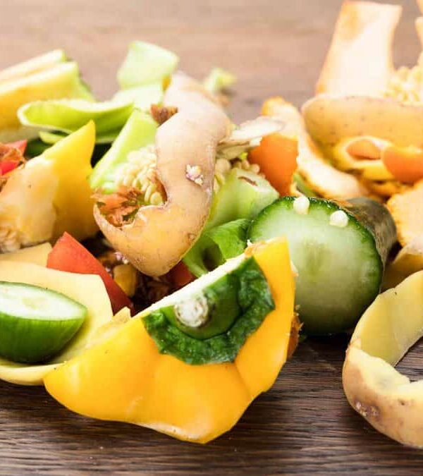 A variety of vegetable peels and scraps, including cucumbers, carrots, and peppers, scattered on a wooden surface.