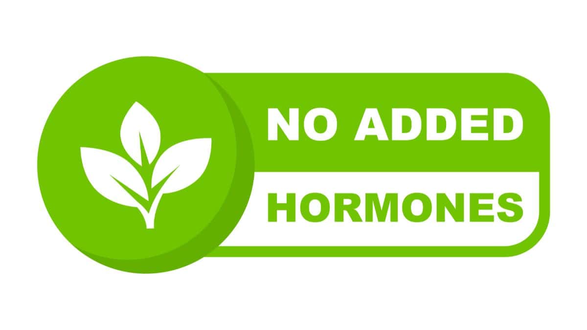 A green label with the text "no added hormones" and a leaf icon, indicating a product claim about its content.