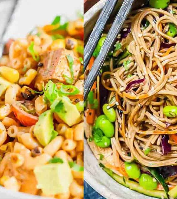 Two different healthy meals: a pasta salad with vegetables on the left and an asian-style noodle dish with tofu and veggies on the right.