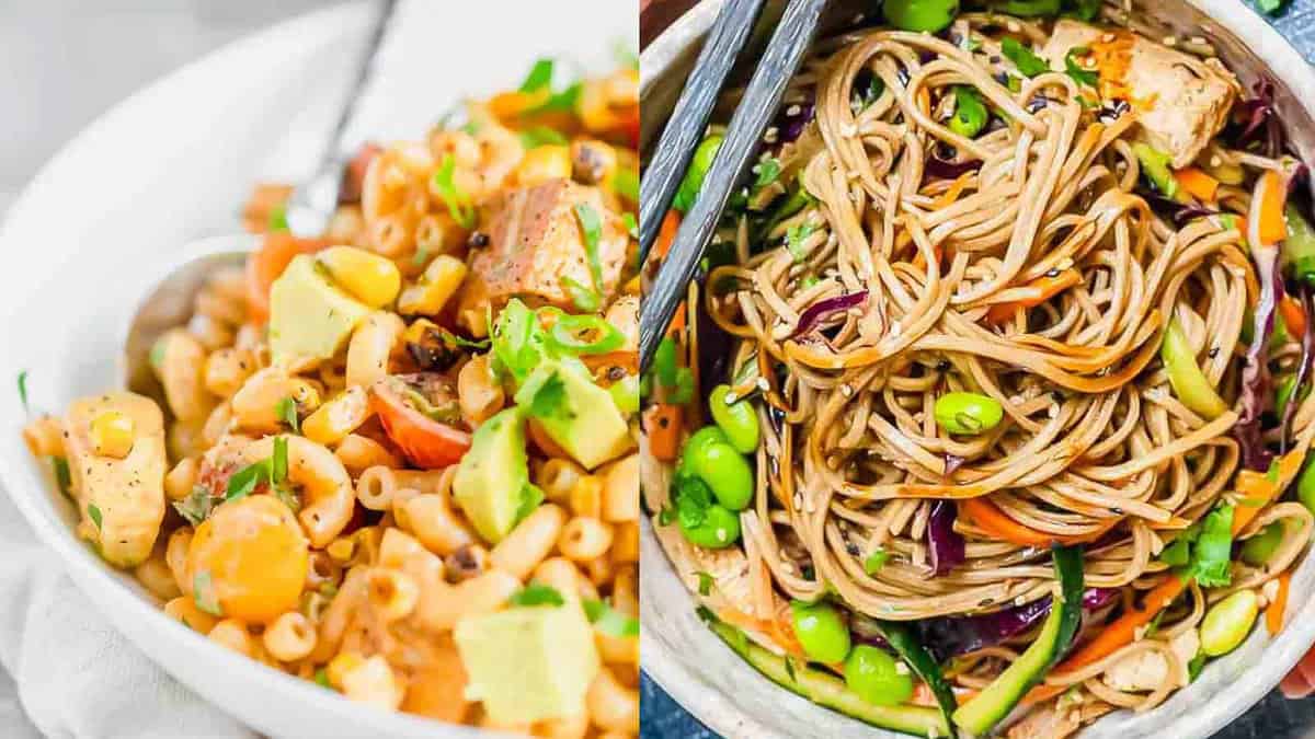 Two different healthy meals: a pasta salad with vegetables on the left and an asian-style noodle dish with tofu and veggies on the right.