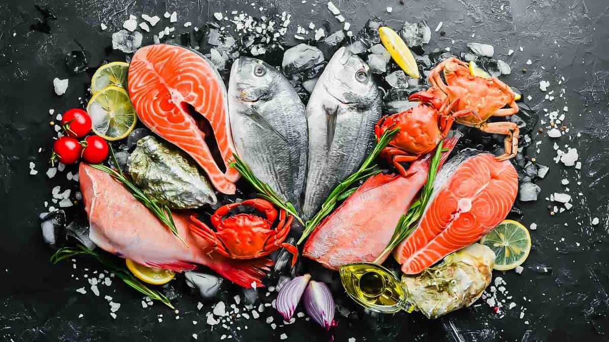 A spread of raw seafood on a dark background with ice.