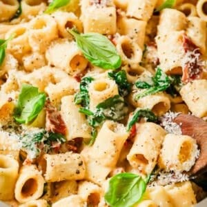 Creamy pasta tossed with spinach, sun-dried tomatoes, and garnished with basil and grated cheese.