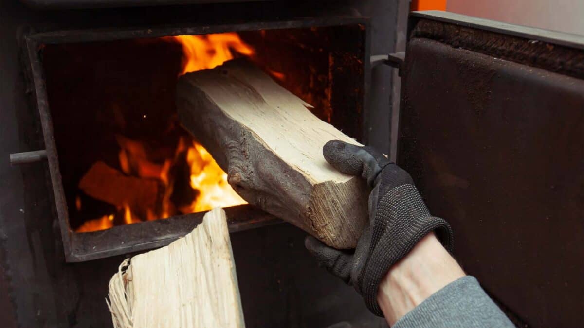 A person wearing a glove is adding a log to a burning fire inside a metal stove.