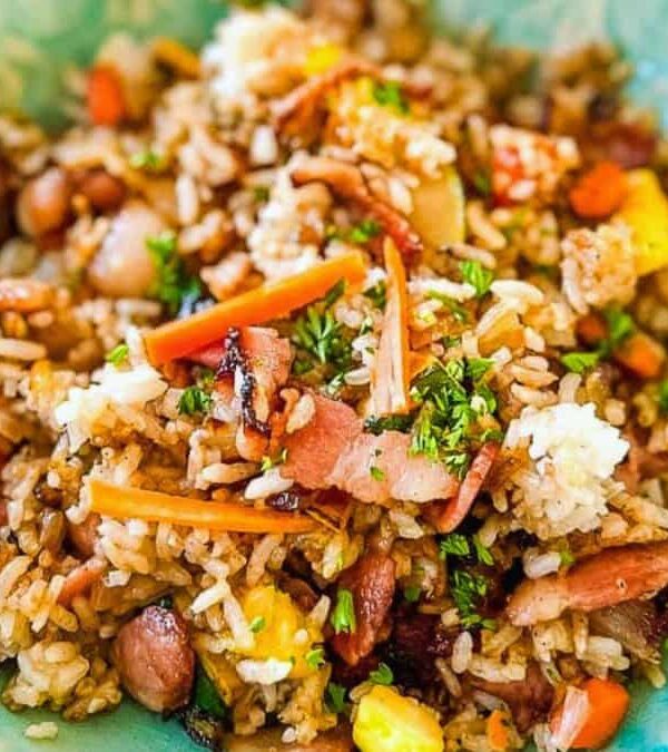 Blackstone fried rice in a blue bowl.