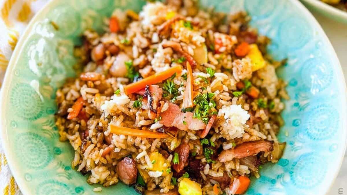 Blackstone fried rice in a blue bowl.