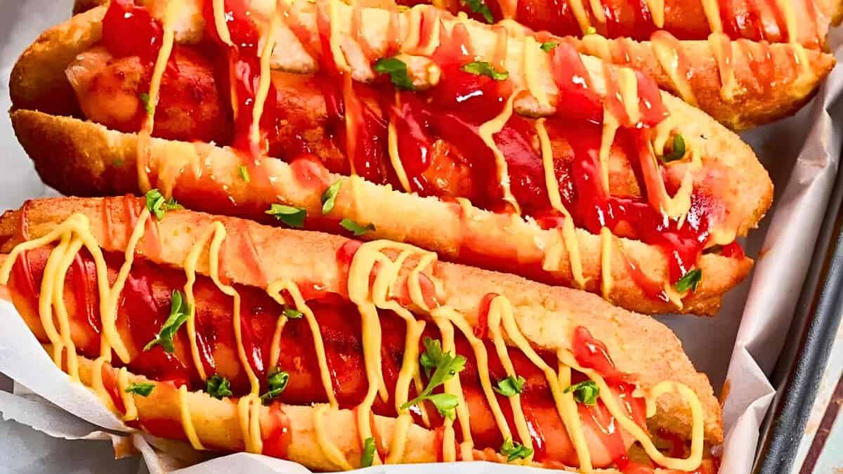 Three hot dogs topped with ketchup, mustard, and chopped herbs are placed in buns, arranged on parchment paper.
