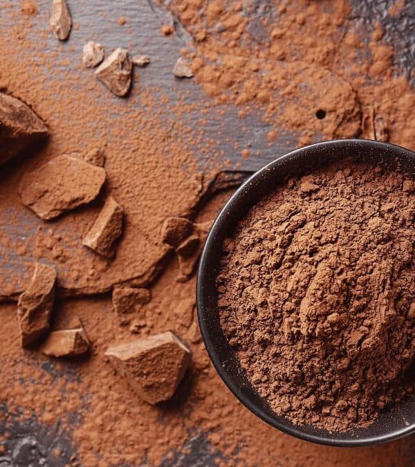 A bowl of cocoa powder surrounded by cocoa beans and chunks of chocolate on a dark surface.