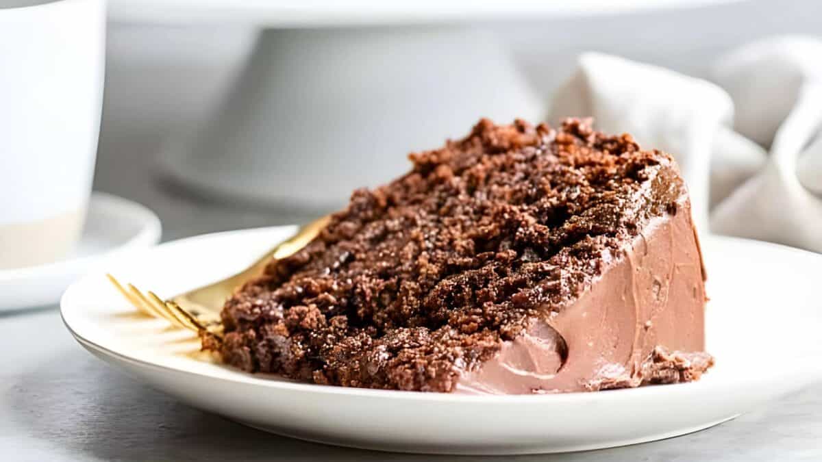 Slice of chocolate cake on a plate.