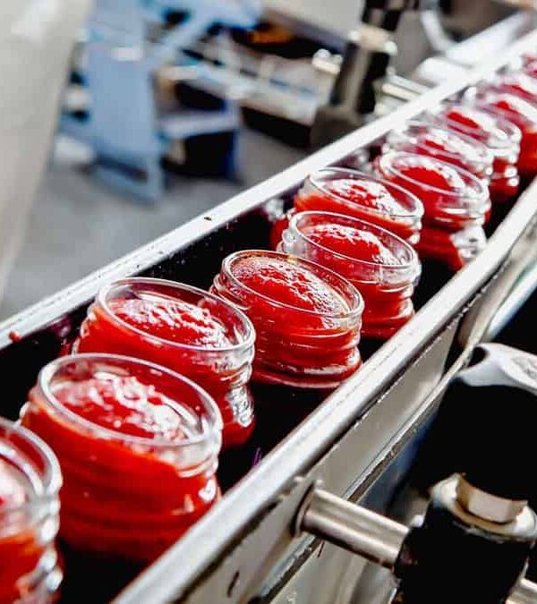 Jars of red sauce on a conveyor belt in a food processing plant.