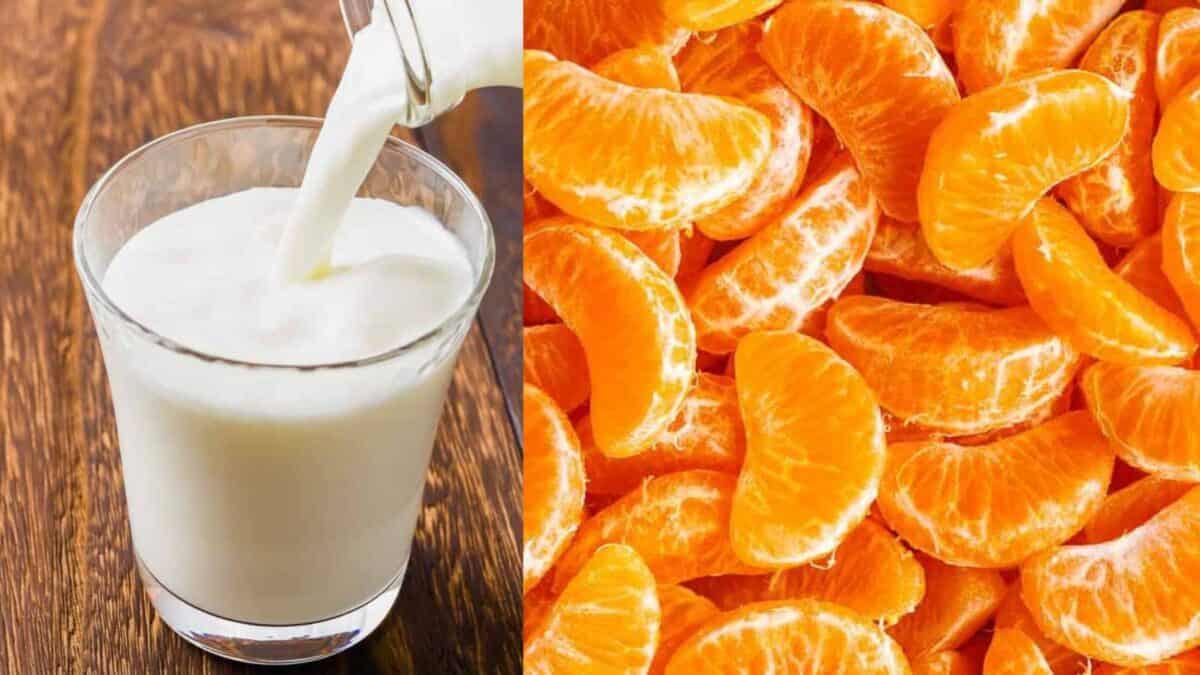 A glass of milk being poured on the left and a pile of peeled orange slices on the right.