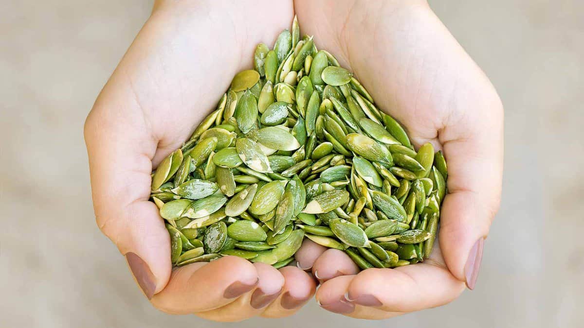 Two hands cupped together holding a pile of green pumpkin seeds against a soft, blurred background.