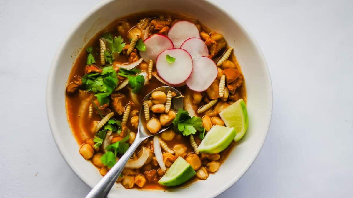 Pozole hominy with worms.