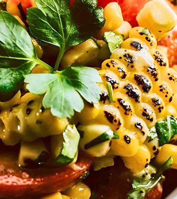 Close-up of a bowl filled with grilled corn, sliced tomatoes, chopped herbs, and parsley garnishes. The colorful ingredients suggest a fresh, vegetable salad.