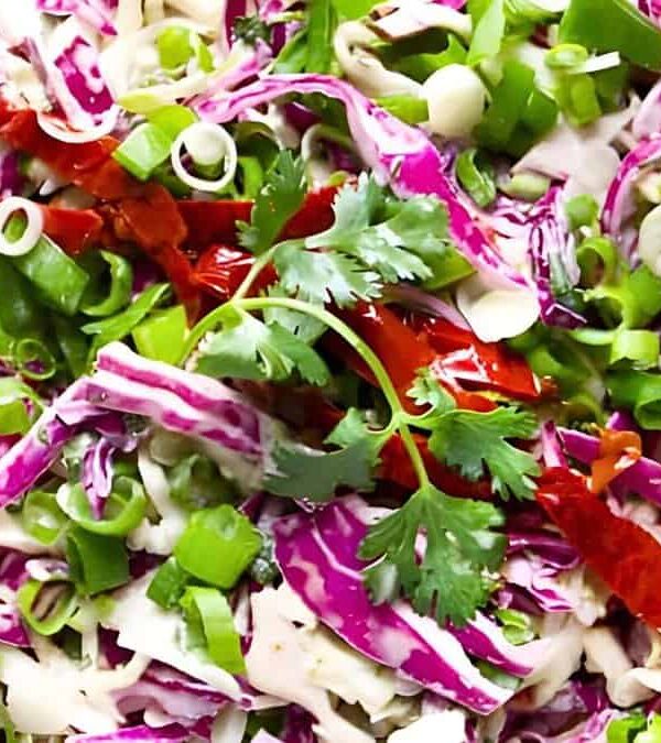 A close-up of a colorful cabbage salad with red and green cabbage, chopped green onions, fresh cilantro, and slices of red peppers.