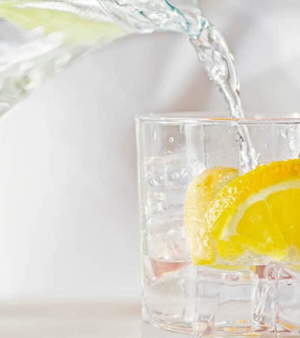 A hand holds a glass with lemon slices as water is being poured into it from a pitcher.