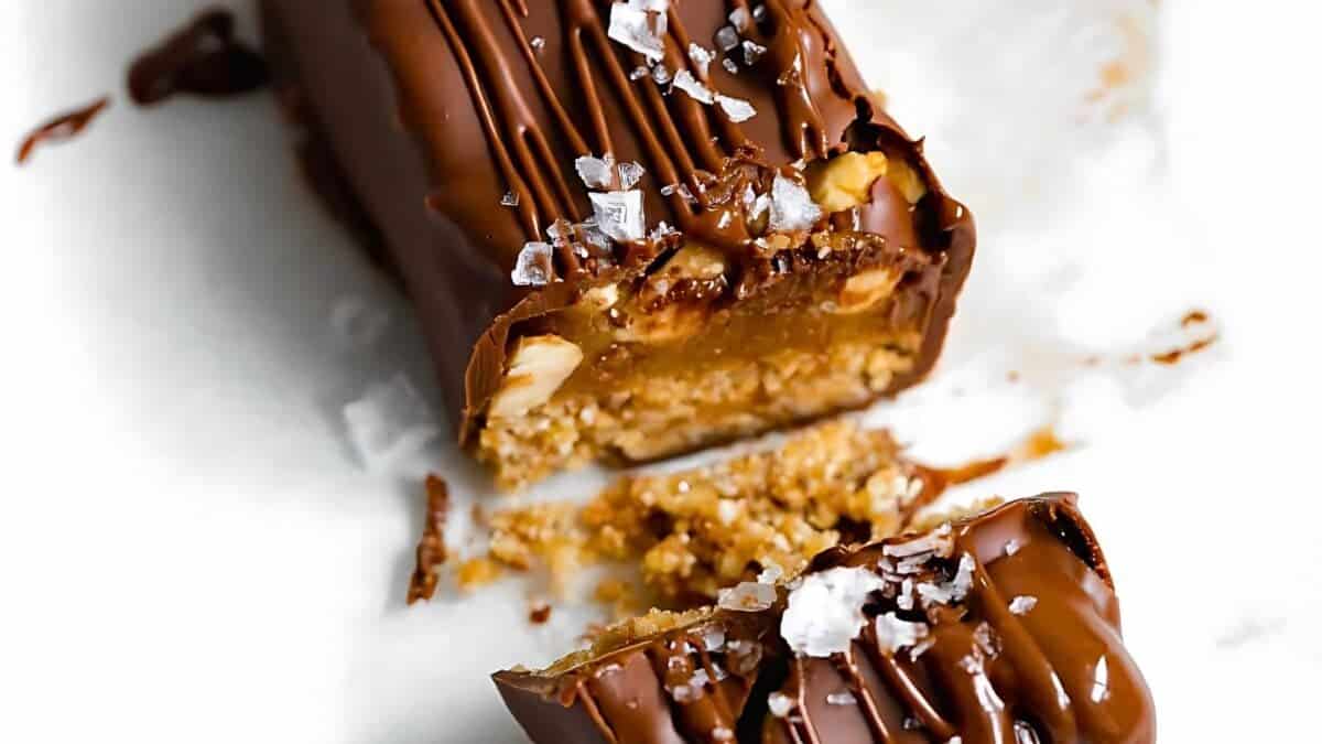A close-up of a chocolate-covered candy bar with a caramel and nut filling, topped with sea salt flakes, cut in half on a white surface.