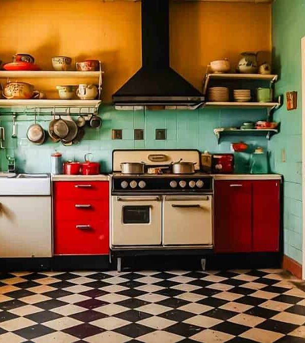 A retro-style kitchen with teal and yellow walls, red and white cabinets, an old-fashioned stove, checkered floor, potted plants on windowsill, and shelves with colorful dishes and pots.