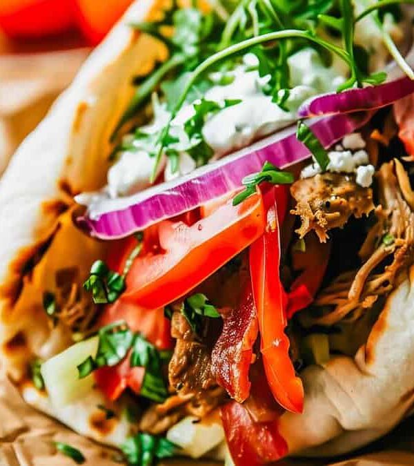 A close-up of a gyro wrapped in pita bread, filled with shredded meat, sliced tomatoes, red onions, cucumber, herbs, and sprinkled with feta cheese.