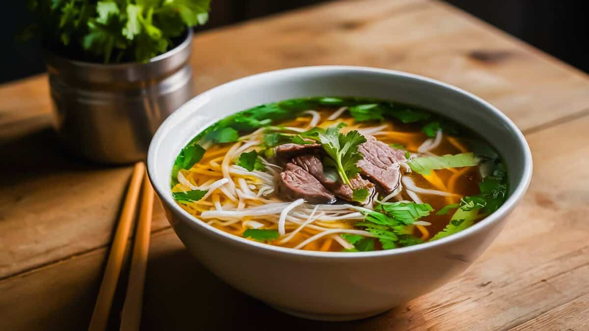 A bowl of pho with slices of beef, rice noodles, fresh herbs, and bean sprouts, sitting next to a bunch of cilantro on a wooden table.