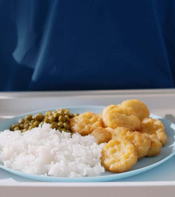A person's meal tray with a plate containing rice, green peas, and breaded chicken nuggets. The tray also includes an apple, a bread roll, a bowl of salad, and a small cup of sauce.