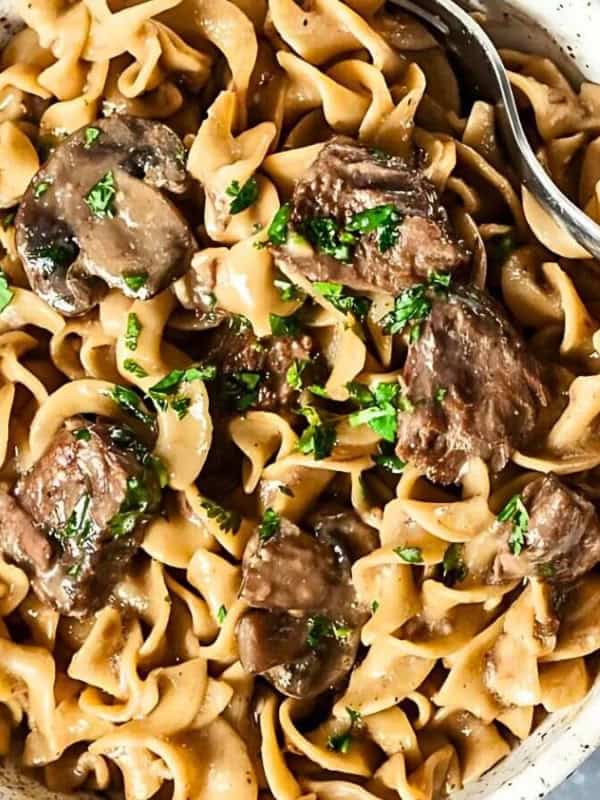 A pair of hands holds a bowl of beef stroganoff on a gray surface. The dish features wide egg noodles, beef slices, and garnished with chopped parsley. A metal fork rests on the side of the bowl.