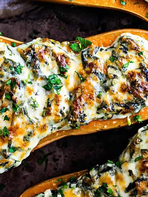 Roasted butternut squash halves stuffed with a creamy mixture of spinach and cheese, topped with melted, browned cheese and sprinkled with chopped parsley on a baking tray.