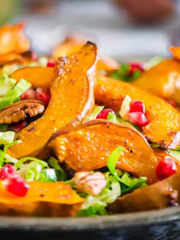 A colorful dish of roasted squash slices on a bed of shredded greens, garnished with pomegranate seeds and pecans. The salad is vibrant and served on a dark, round plate.