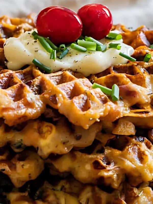 A stack of savory waffles topped with sour cream, cherry tomatoes, and chives. The waffles are accompanied by a serving of scrambled eggs, all presented on a dark plate.