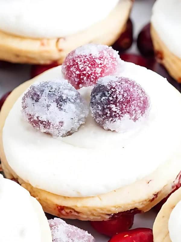 Mini cheesecakes topped with sugared cranberries are arranged on a surface. Fresh cranberries are scattered around the desserts, creating a festive and appetizing display.