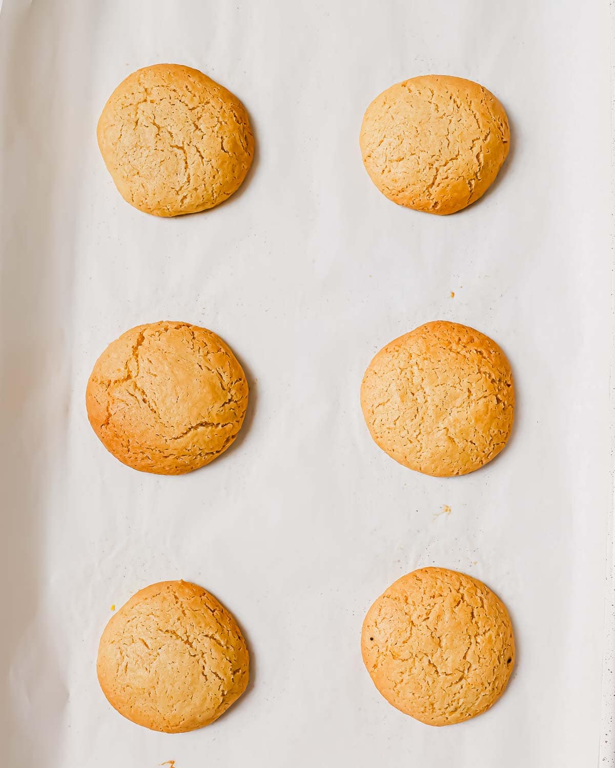 Six golden-brown olive oil cookies are evenly spaced on a baking sheet lined with white parchment paper. The cookies have a cracked texture on top and appear freshly baked.