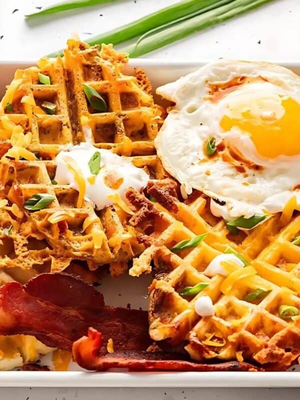 A white dish filled with savory waffles topped with shredded cheese, sour cream, and chopped green onions. There's a sunny-side-up egg and crispy bacon on the side. Accompanied by small bowls of salt, pepper, a sauce, and whole potatoes.