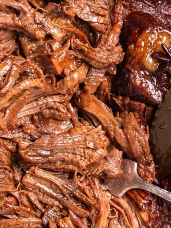 Close-up of a savory dish featuring shredded beef with rich, dark brown tones. A fork rests on the left, and a few bay leaves and a star anise are visible on the right, providing aromatic seasoning. The dish appears tender and flavorful.